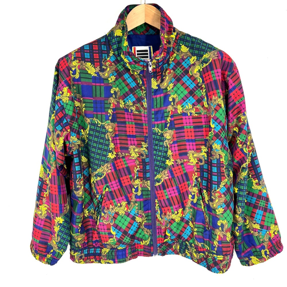 Vintage EVR Russo Apparel Group Plaid Baroque Print Windbreaker Jacket PL Womens